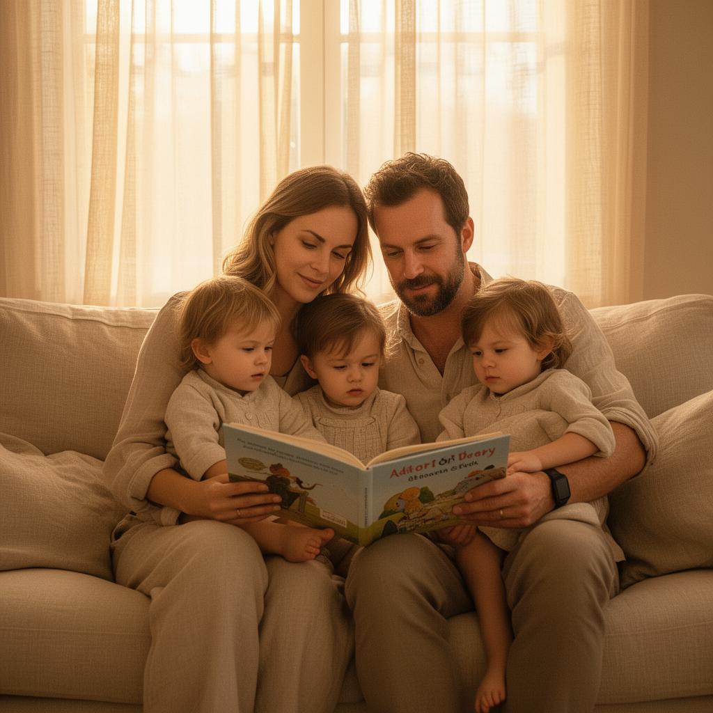 A mother and father reading with their two young children at home