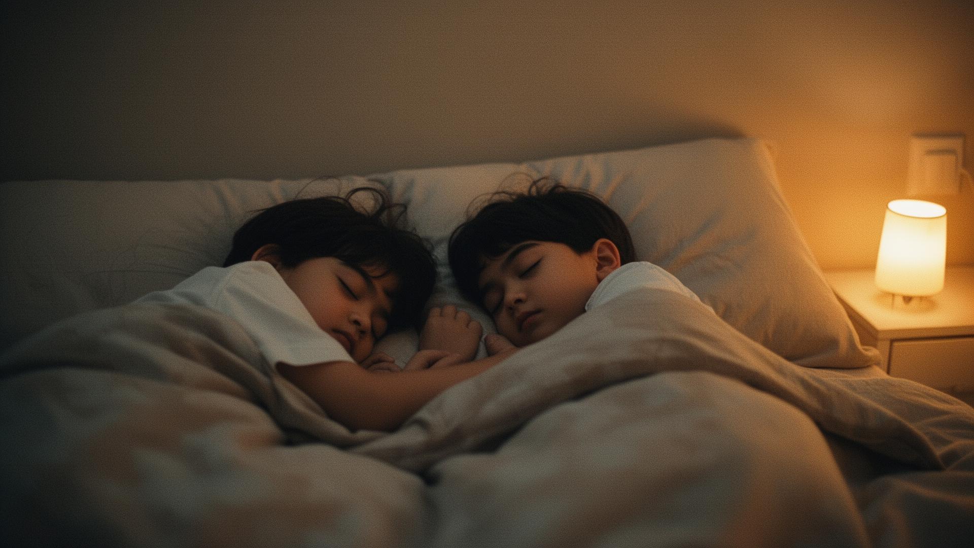 Two children sleeping peacefully under warm lamplight