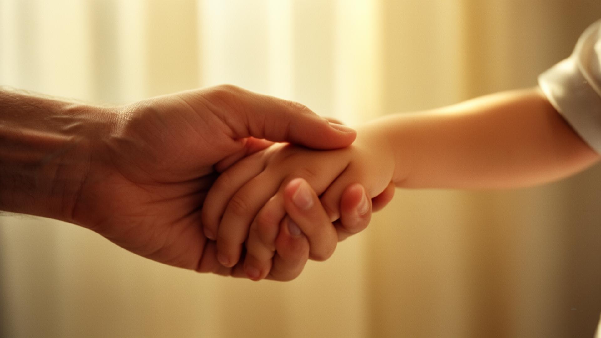 An adult hand gently holding a small child's hand