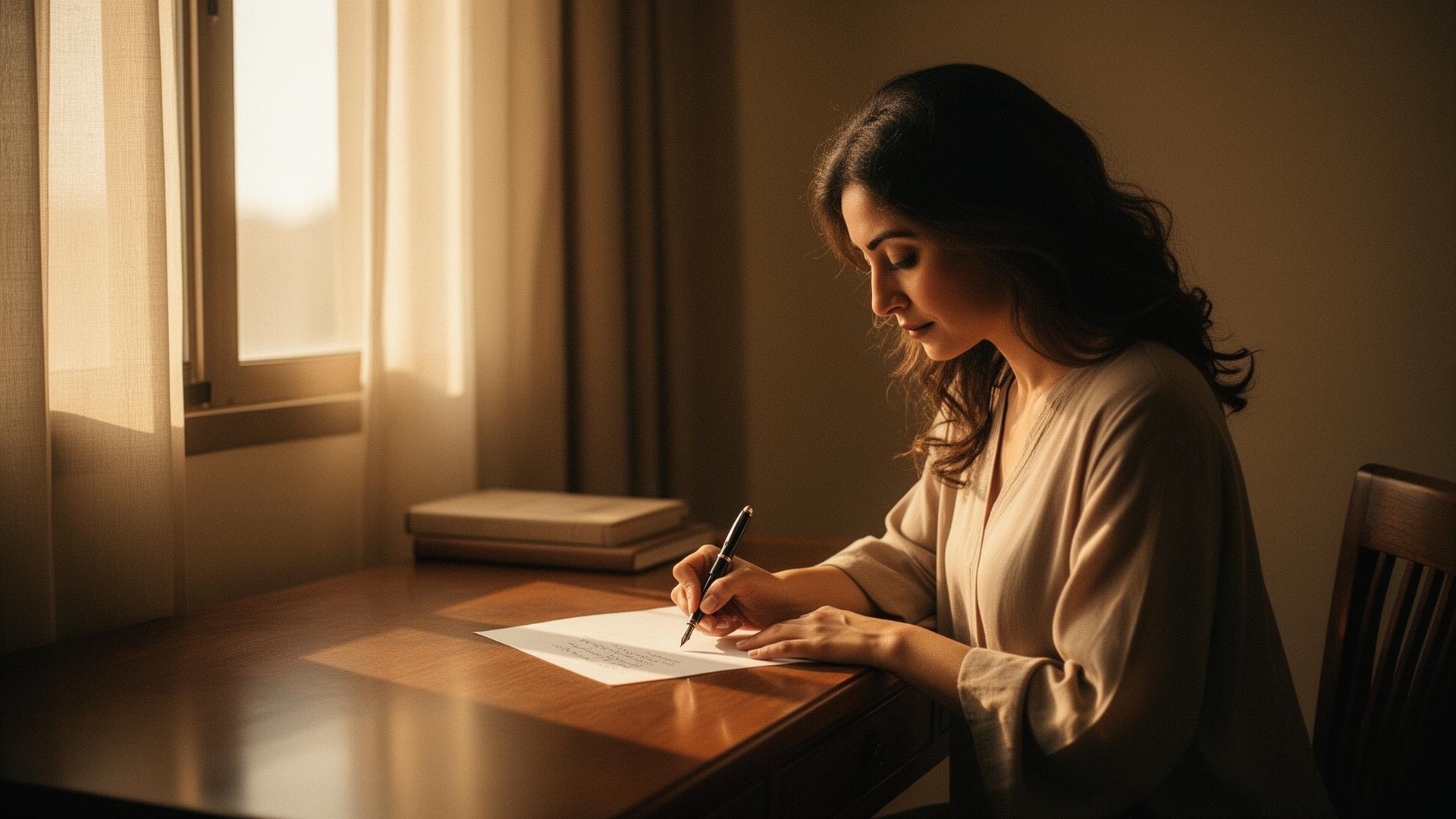 A parent quietly preparing a Will at a sunlit desk